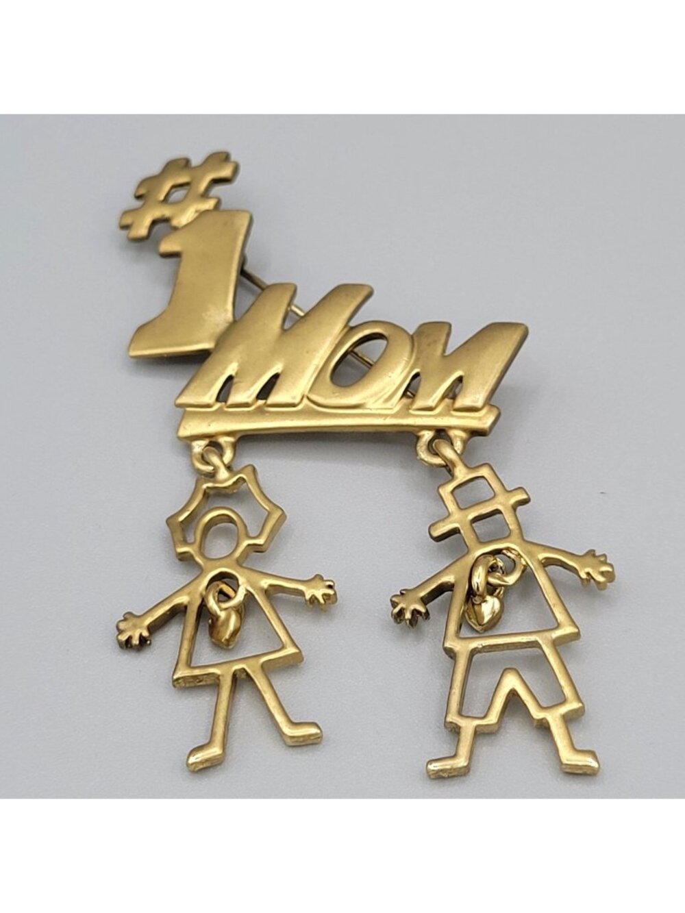 Gold Tone #1 Mom Pin Brooch Dangling Boy and Girl Charms Heart Accents Signed